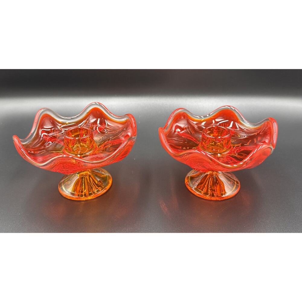 MCM VIKING Persimmon Amberina 6 Petal Candle Holders GLOW